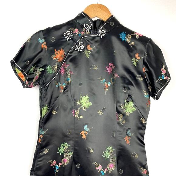 Vintage | Black Silky Cheongsam Dress Asian Style Evening Dress - Picture 1 of 14
